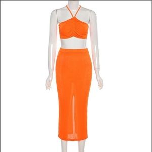 Sexy orange set with top and midi skirt
